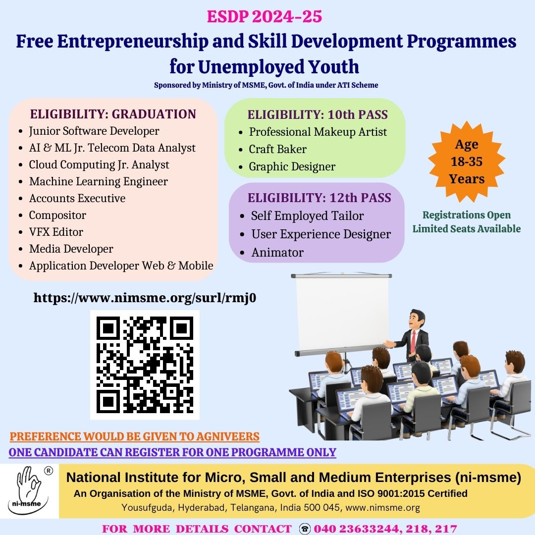 Free Entrepreneurship and Skill Development Programmes for Unemployed Youth  Sponsored by Ministry of MSME, Govt. of India under ATI Scheme